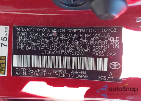 2008 Toyota Prius z USA, uszkodzony, nr VIN JTDKB20U087761373